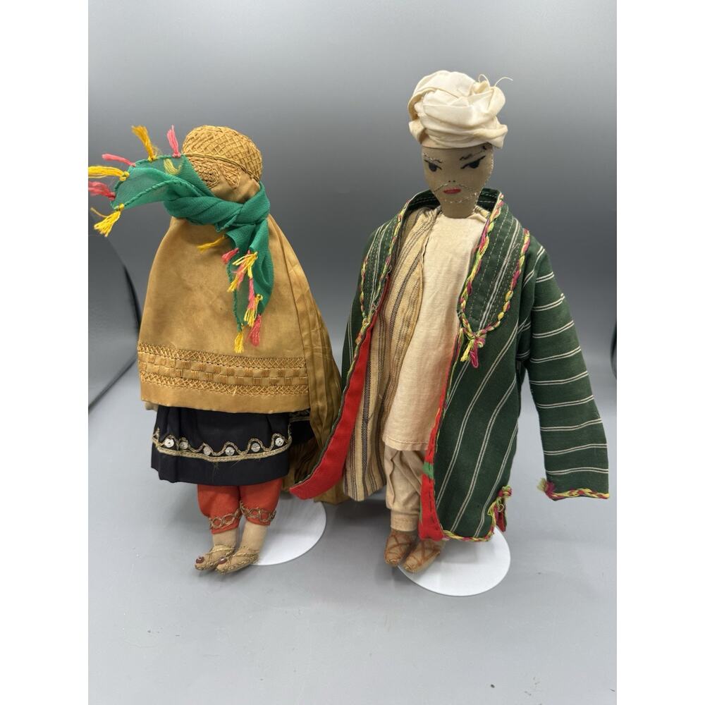 Vintage Handmade Cloth Dolls Set 2 International Folk Costume 9-10”